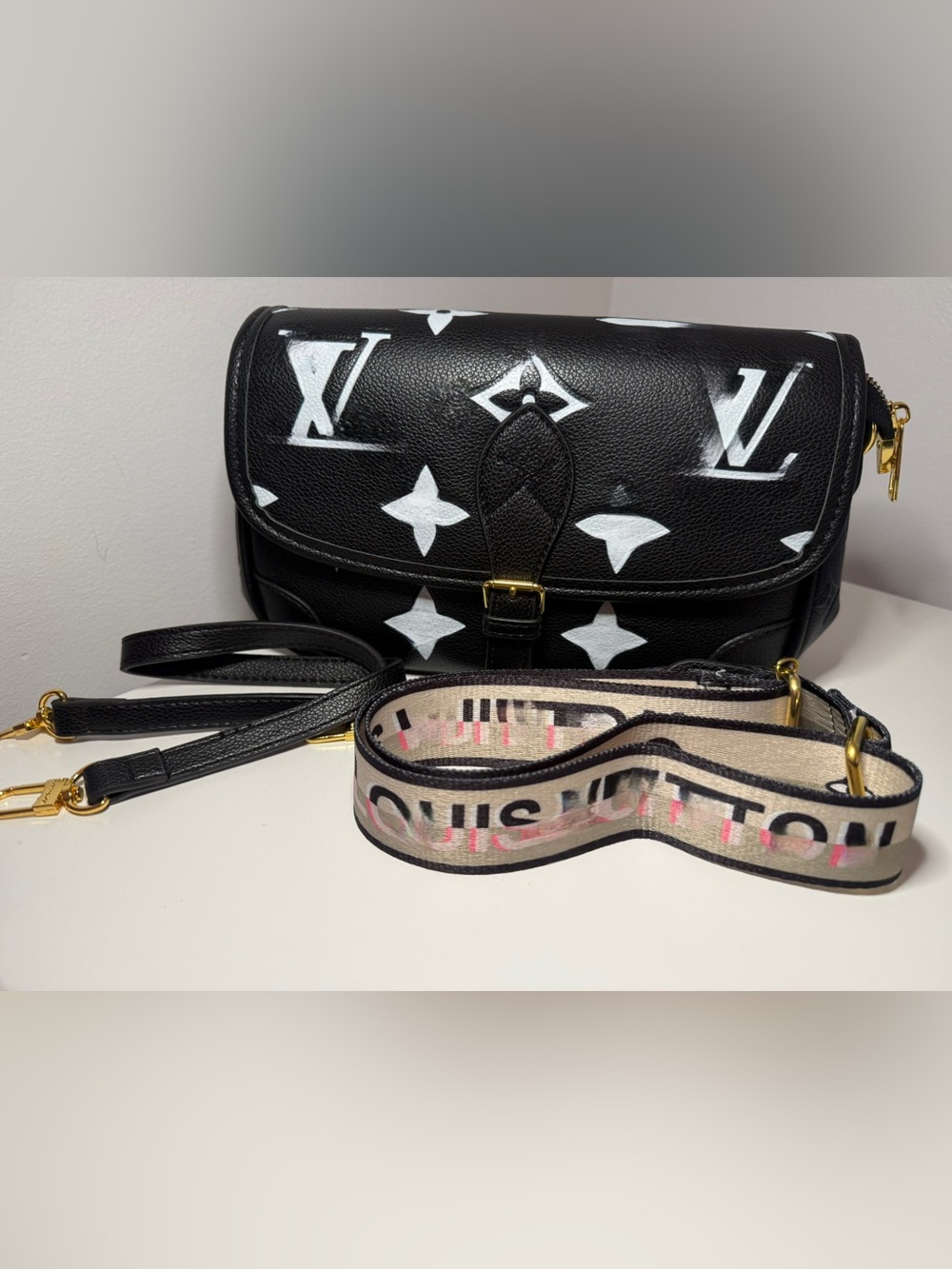 Black Leather Crossbody Bag with White Accents